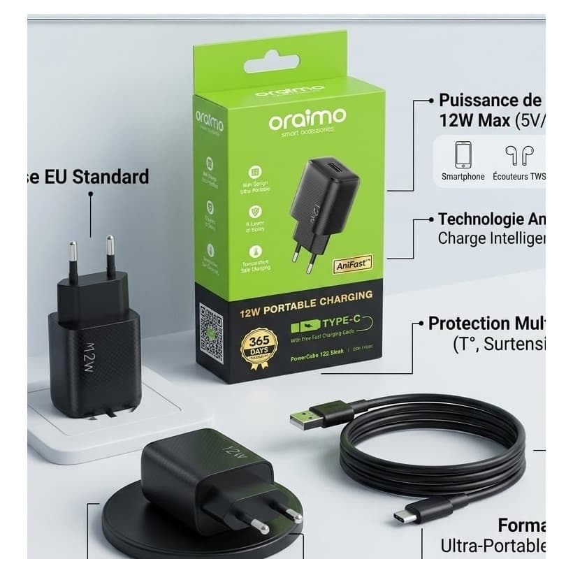 Kit Complet Chargeur Oraimo PowerCube 122 Sleek — OCW-1122EC